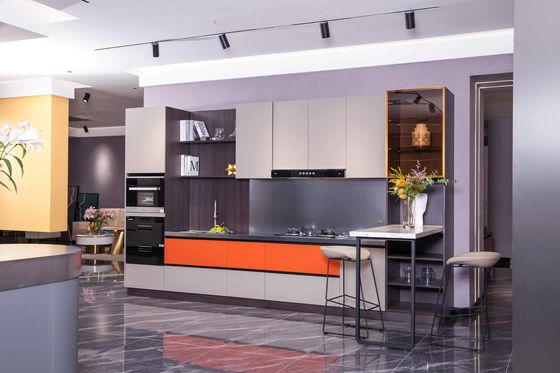 Good price Modern Kitchen Cabinets - Beige Orange Dark Wood - Bar Counter - Oven online